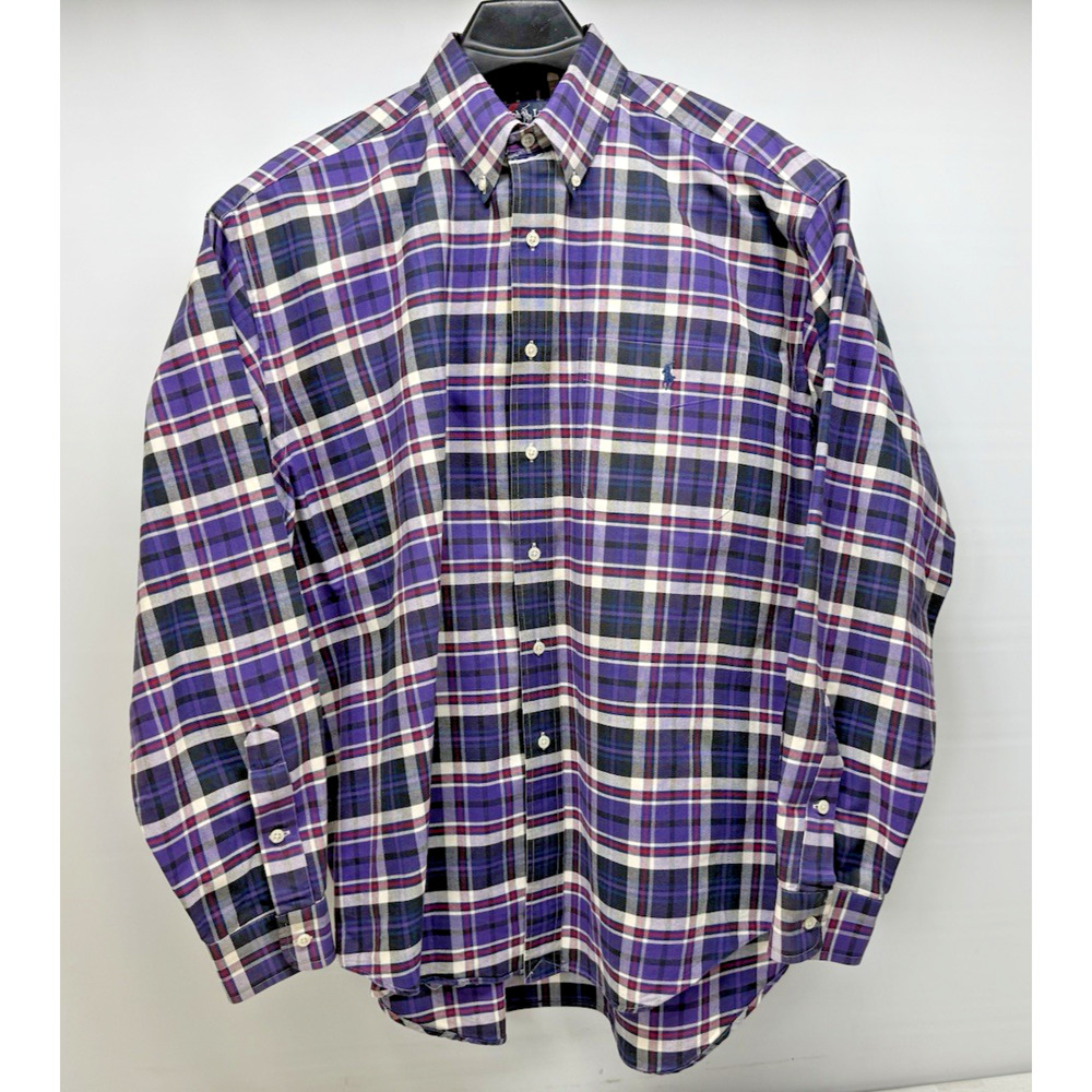 Y2K Ralph Lauren Big Shirt Mens Large Striped Label Purple Plaid Long Sleeve